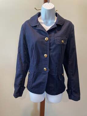 Talbots Lightweight Cotton Jacket Size 10 Navy Blue Gold Button Detail